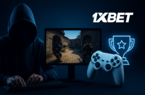 تصميم رقمي يعرض لاعبًا بغطاء رأس أمام شاشة تعرض لعبة تصويب، مع شعار 1xBet وعصا تحكم، في مشهد يعبّر عن أجواء المنافسة والتحدي ضمن الرياضات الإلكترونية في 1xBet.