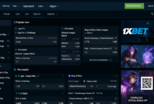 واجهة قسم الرياضات الإلكترونية في 1xBet تظهر مباريات مباشرة وأخرى قبل انطلاقها، مع تنوع في الألعاب مثل King of Glory وDota 2، ما يبرز سهولة التصفح والمراهنة على البطولات المختلفة ضمن الرياضات الإلكترونية في 1xBet.