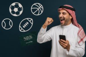 رجل سعودي يرتدي الثوب والغترة يظهر مبتسمًا بحماس وهو يمسك بهاتفه المحمول، وخلفه رموز رياضية متنوعة مثل كرة القدم وكرة السلة وكرة التنس، إلى جانب علم المملكة العربية السعودية وشعار 1xBet، في خلفية زرقاء تعكس أجواء الرهانات الآمنة على 1xbet.